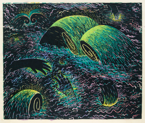 Image of Louisa Chase's Untitled (Black Sea), painted in 1983.  Color woodcut with watercolor on Japanese fiber paper, 33 1/2 by 33 7/8 inches.