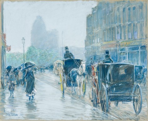 CHILDE HASSAM (1859–1935), "A Wet Day on Broadway," 1891. Pastel on paper mounted on linen, 18 x 21 7/8 in.