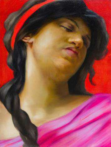 a high-key color, painting by Angela Fraleigh of a woman with eyes closed