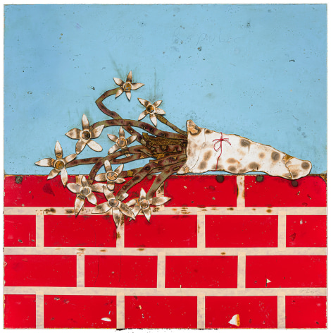 trompe l'oeil oil painting of a burned cartoonish flowers in a brick wall