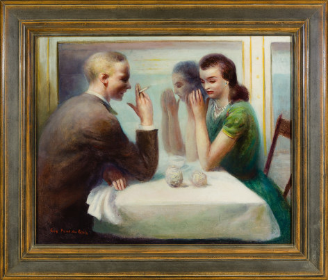 GUY P&Egrave;NE DU BOIS (1885&ndash;1958), &quot;Table for Two,&quot; 1945 Oil on canvas, 18 1/8 x 22 1/8 in. Showing gilded modernist-style frame.