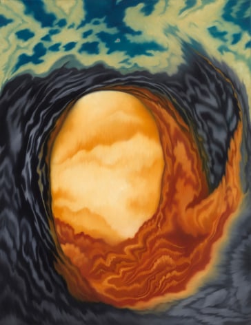 a painting by Jenny Morgan of a fabric-like landscape folding over on itself