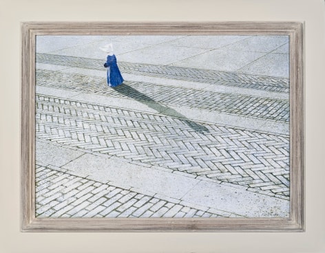 ROBERT VICKREY (1926&ndash;2011), &quot;Nun Walking a Brick Road.&quot; Egg tempera on Masonite, 15 7/8 x 21 7/8 in. Showing painted and stained Modernist frame.