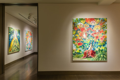 installation view of Julie Heffernan's solo exhibition, "The swamps are pink with June," at Hirschl & Adler Modern, New York