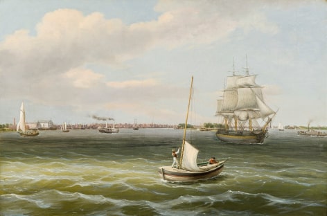 THOMAS BIRCH (1779&ndash;1851), &quot;View of Philadelphia Harbor,&quot; about 1835&ndash;40. Oil on canvas, 20 x 30 1/4 in. (detail).