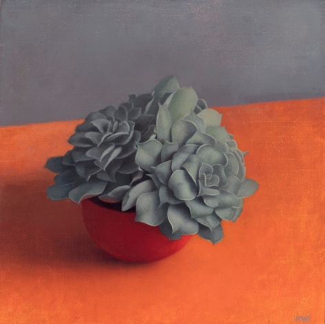 a still-life painting by Amy Weiskopf of two succulents on an orange table top