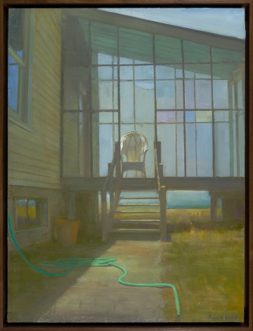 a painting by Randall Exon of a house's screened-in porch, showing a single white chair, and a teal garden hose in the foreground