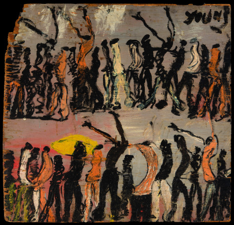 PURVIS YOUNG (1943&ndash;2010), &quot;[Procession with Raised Arms],&quot; early 1970s. Oil on heavy paper, 24 x 24 in.