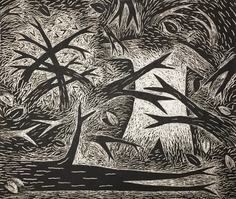 Image of Louisa Chase's Thicket (Black and White), painted in 1983.  Woodcut on Japanese fiber paper, 30 by 36 inches.
