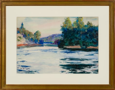 FRANK W. BENSON (1862&ndash;1951), &quot;River Landscape,&quot; 1924. Watercolor on paper, 14 1/4 x 20 1/2 in. Showing gilded watercolor frame and mat.