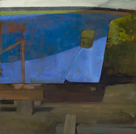 a painting by Randall Exon of a boat's bright blue rudder, up on jacks, sitting in a field