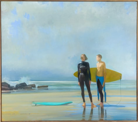 a painting by Randall Exon of two surfers standing on the beach, wearing wetsuits