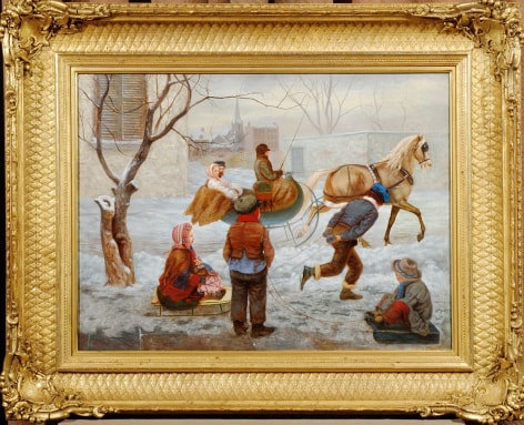 WILLIAM JOHN HENNESSY (1839&ndash;1917), &quot;The Race,&quot; 1860. Oil on canvas, 18 x 24 1/4 in. Showing gilded &quot;quilted cove&quot; frame.