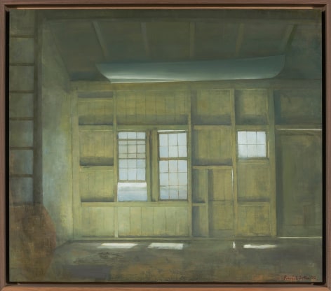 a painting by Randall Exon of the darkly lit interior of a boathouse, with a rowboat hanging from the ceiling