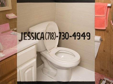 trompe l'oeil photograph of a bathroom wherein a girl's name and phone number are written across the image
