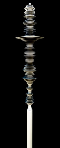 a sculpture by Elizabeth Turk of silver aluminum discs layered and arranged to resemble a sound wave and a modernist abstraction