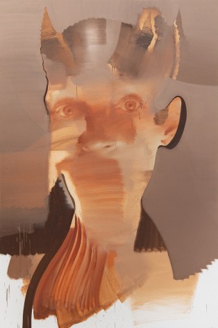 a painting by Eric Helvie wherein a photorealist portrait is obscured by layers of sandy-colored paint applied in an abstract style