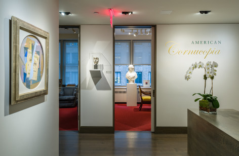 &quot;American Cornucopia.&quot; Installation view of gallery's entrance foyer, showing, from left to right a Cubist still life by Suzy Frelinghuysen, a patinated bronze make by Gaston Lachaise, and a marble bust of &quot;Ariadne&quot; by Chauncey B. Ives.