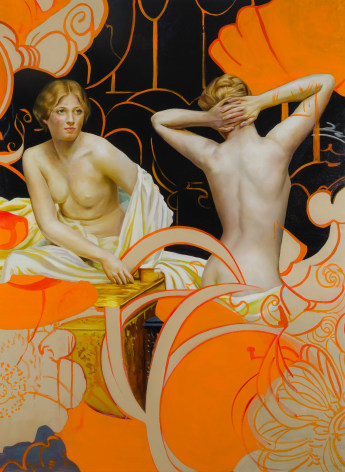 a painting by Angela Fraleigh of two women from various art historical sources waking in  a complex tangle of Art Nouveau-patterned swirls
