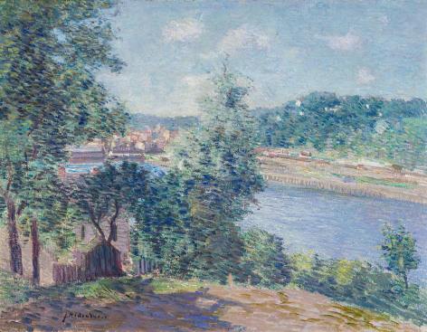 JULIAN ALDEN WEIR (1852&ndash;1919) River Scene near Norwich, Connecticut, about 1910. Oil on canvas, 24 3/4 x 29 3/4 in. Signed (at lower left): J. Alden Weir
