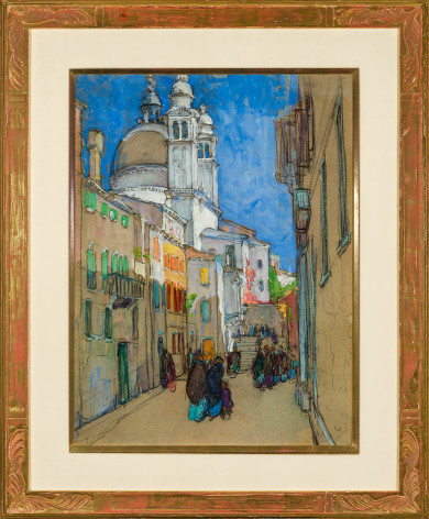 JANE PETERSON (1876&ndash;1965), &quot;Rio Terra de Catecumeni, Venice,&quot; about 1920. Gouache, watercolor, and charcoal on paper, 22&nbsp;3/4 x 17 in. Showing gilded American Impressionist-style frame and fabric-covered mat.
