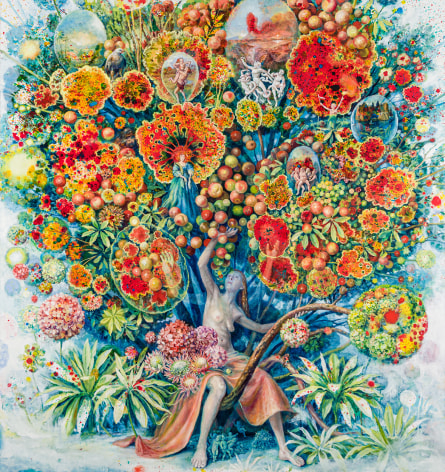 a painting by Julie Heffernan of a woman in a large gold skirt, straddling a tree trunk whose branches contain abstract flowers and art historical depictions of Laoco&ouml;n