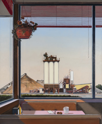 a painting of a diner table with an industrial landscape through the window