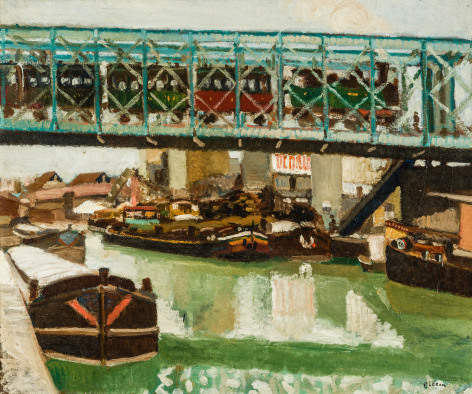 Arthur Filon (French, 1900&ndash;1974), &quot;Le canal Saint-Martin et le petit train,&quot; c. 1930s. Oil on canvas, 17 1/2 x 21 in.