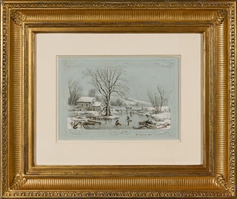 R&Eacute;GIS-FRAN&Ccedil;OIS GIGNOUX (1816&ndash;1882), &quot;Skating Scene,&quot; 1847. Sepia ink drawing heightened with Chinese white on pale green wove paper, with embossed borders, 7 1/16 x 9 7/8 in. Showing gilded frame with mat.