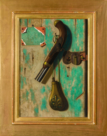 JOHN FREDERICK PETO (1854&ndash;1907), &quot;Pistol, Gate Latch and Powder Horn,&quot; about 1887. Oil on canvas, 14 1/4 x 10 3/8 in. Showing replica gilded oak frame.
