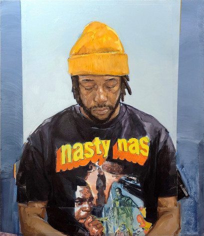 a portrait by James Everett Stanley of a dark-skinned man wearing a &quot;Nasty Nas&quot; t-shirt