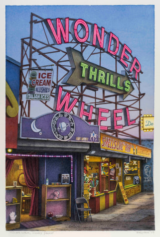 watercolor painting of the Wonder Wheel sign in Coney Island