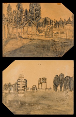 a double-sided soot-drawing by self-taught artist James Castle of his Garden Valley backyard with its ice-house on one side and a valley with a totem structure on the other side