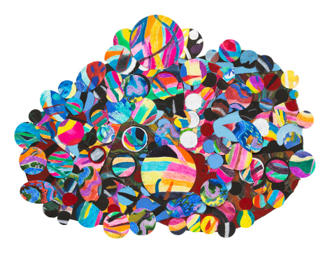 a paper collage by Howardena Pindell made of circular, multi-colored paper punch-outs