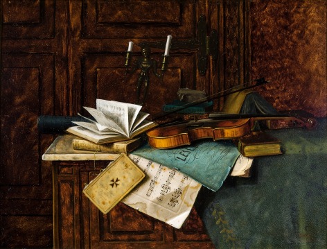WILLIAM MICHAEL HARNETT (1848&ndash;1892), &quot;Music,&quot; 1885. Oil on mahogany panel, 11 x 14 1/2 in.