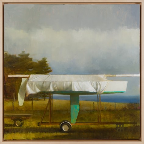 a painting by Randall Exon of a green sailboat, wrapped in a tarp and on a trailer