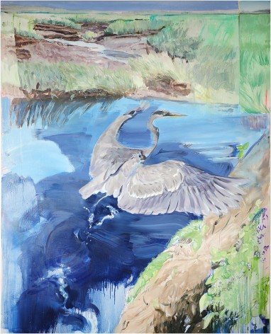 a painting by James Everett Stanley of a heron taking flight from a marsh