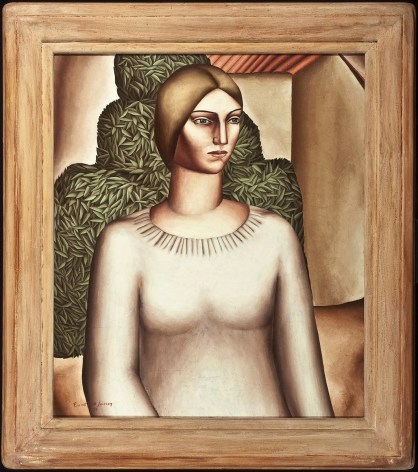 EVERETT GEE JACKSON (1900&ndash;1995), &quot;Girl with Acacia Tree,&quot; 1931. Oil on canvas, 27 x 23 in. Showing painted and distressed wood frame.