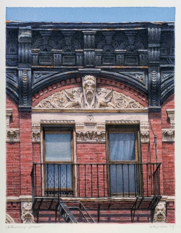 watercolor painting of the top of a building on Delancey Street in New York City