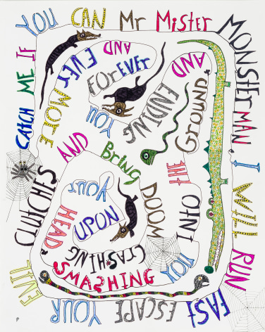 a drawing by self-taught artist Jeanne Brousseau of a snakes and spiders intertwined with a sentence about running away from monsters