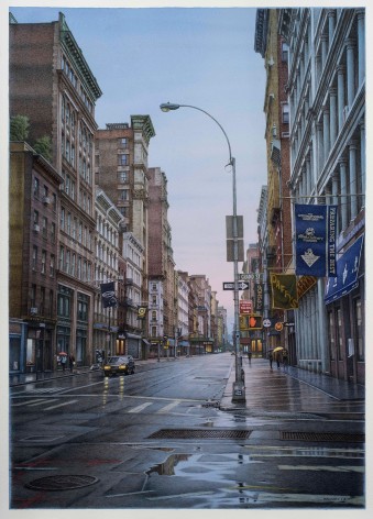 watercolor painting of Grand Street and Broadway intersection in New York City on a rainy day