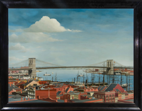 THOMAS FRANSIOLI (1906&ndash;1997) &quot;The Brooklyn Bridge in 1892,&quot; 1965. Oil on canvas, 36 1/2 x 48 1/4 in. Showing wood frame.