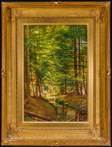 JERVIS MCENTEE (1828&ndash;1891), &quot;River in the Forest,&quot; about 1855. Oil on canvas, 15 1/4 x 10 in. Showing replica gilded fluted cove frame.