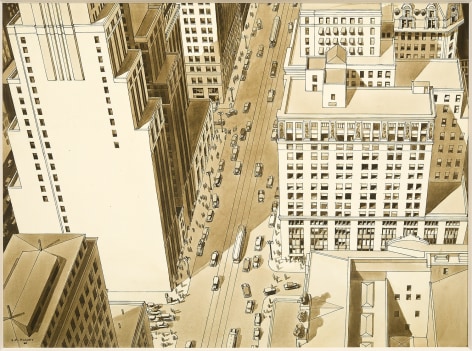 LAWRENCE EDWIN BLAZEY (1902&ndash;1999), &quot;Euclid Avenue, Cleveland,&quot; about 1930. Ink, pencil, wash on paper, 12 1/4 x 16 7/8 in.