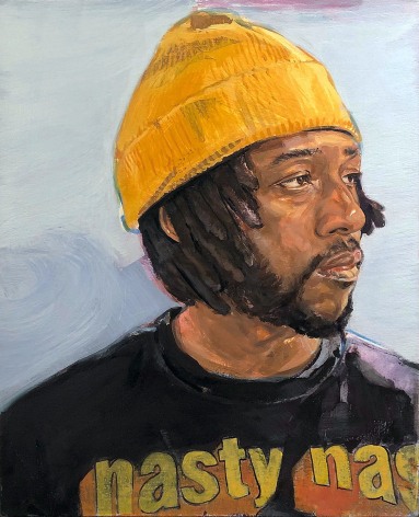 a portrait by James Everett Stanley of a dark-skinned man looking to the side wearing a &quot;Nasty Nas&quot; t-shirt