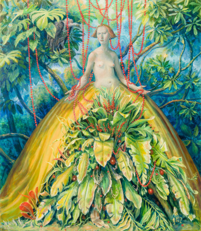 a painting by Julie Heffernan of a topless woman in a dense green forest, whose massive gold skirt opens to expose a lush fern with red berries
