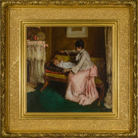 WILLIAM MERRITT CHASE (1849&ndash;1916), &quot;A Mother&rsquo;s Joy,&quot; 1889. Oil on panel, 17 x 17 in. Showing gilded American Arts &amp; Crafts style frame.