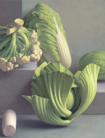 a still-life painting by Amy Weiskopf of green cabbages with cauliflower, arranged on gray blocks of different heights