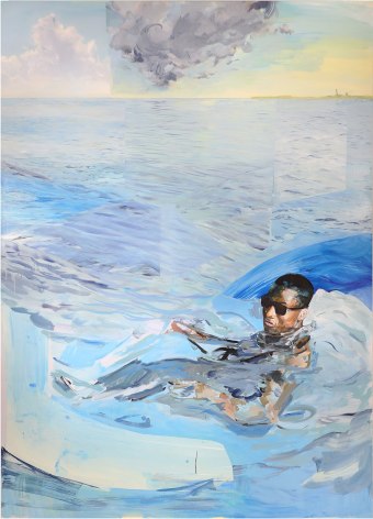 a painting by James Everett Stanley of a fark-skinned man wearing sunglasses floating in the middle of the ocean