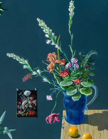 Paul Wonner (1920&ndash;2008), Dutch Still Life with Flowers in Pitchers, Two Tables and a Chair (detail), 1988
